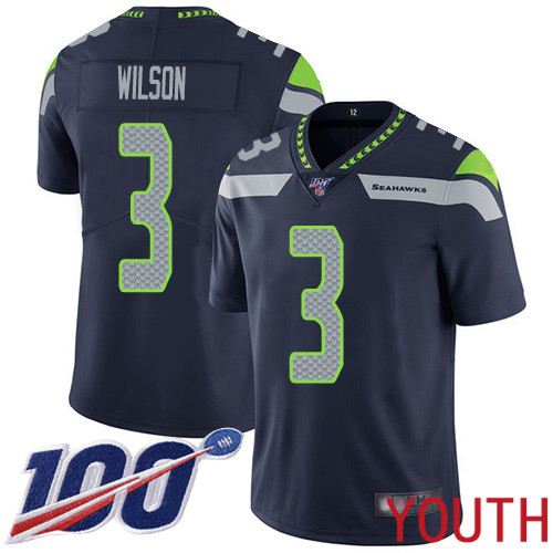 Seattle Seahawks Limited Navy Blue Youth Russell Wilson Home Jersey NFL Football #3 100th Season Vapor Untouchable
